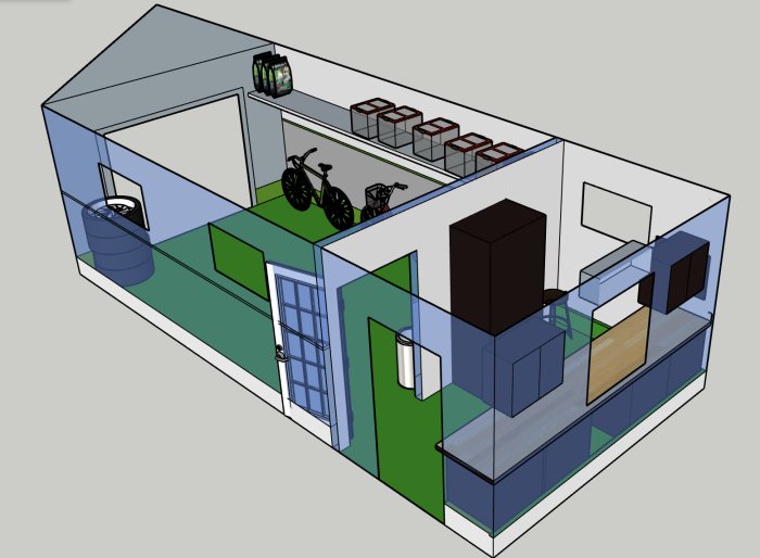 3D-modell av ett modernt hus med öppen planlösning, kök, vardagsrum, och cyklar inomhus.