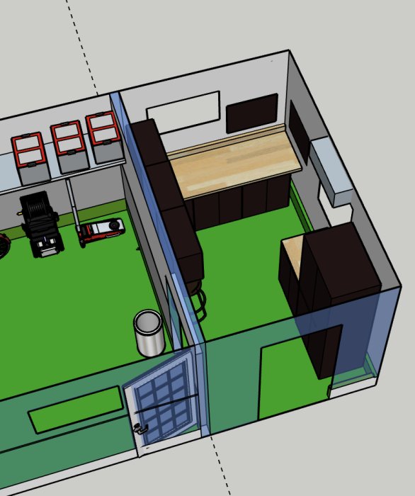 Isometrisk 3D-skiss av ett litet kontorsrum med möbler, fönster och grön matta.