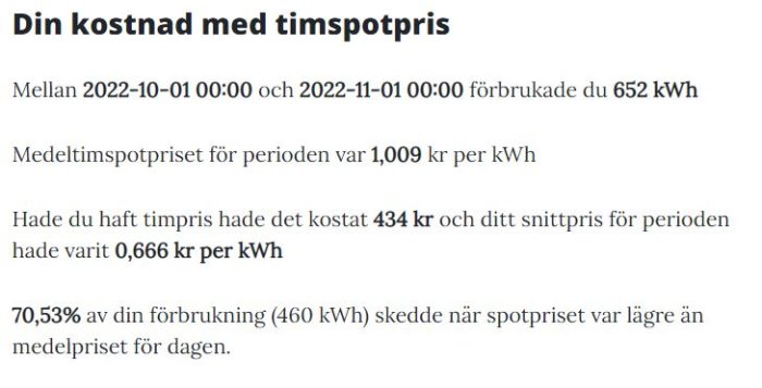 Svensk text om elräkning och konsumtion med jämförelse av kostnader och snittpriser för energiförbrukning.