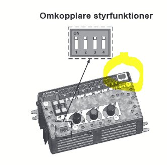 Schematisk illustration av en kontrollpanel med märkta omkopplare och styrfunktioner, inramad del, på svenska.