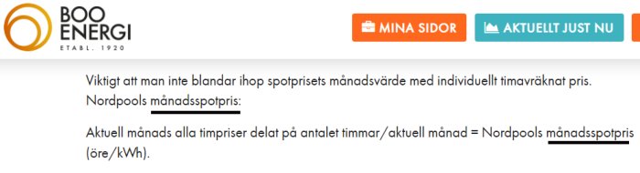 Svensk elbolag hemsida, BOO ENERGI, information om elpriser, viktigt meddelande, logotyp, knappar för användarportal.