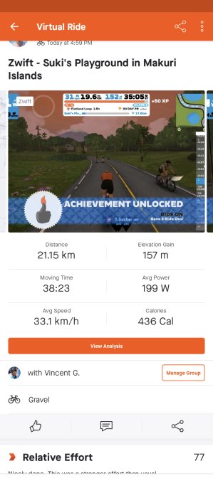 Skärmklipp av en virtuell cykeltur på Zwift, med sträckdata, tid, hastighet, kaloriförbränning och en prestation avlåst.