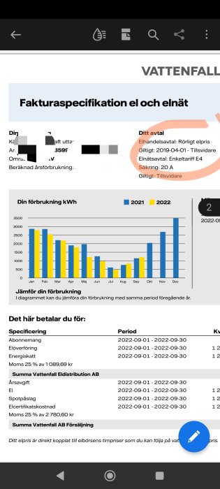 Skärmdump av en mobilapp från Vattenfall visar fakturaspecifikation, förbrukningsdiagram och kostnadsspecifikation.