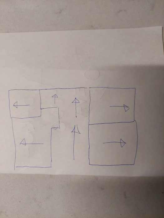 Handritad skiss av en planritning eller labyrint, med pilar som visar möjlig rörelseriktning.