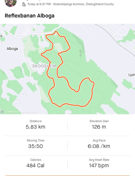 Kartöver applikationsskärm som visar en avslutad löprunda på 5.83 km med statistik och karta.