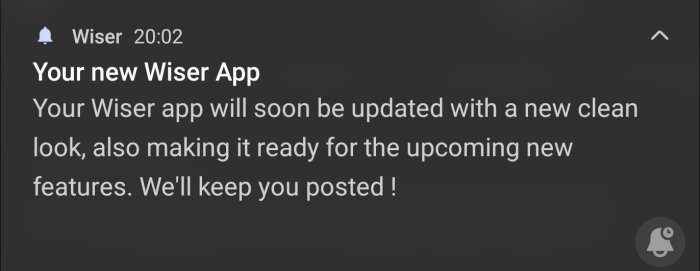 Meddelande om kommande uppdatering av Wiser-appen med nytt utseende och funktioner.
