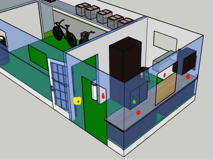 3D-modell av en lägenhet med kök, vardagsrum, cykel, möbler och dörrar; enkel, färgglad interiördesignskiss.