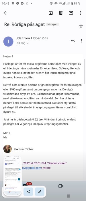 E-post om elavgifter; diskussion av kostnader och påslag; avsändare "Ida from Tibber".