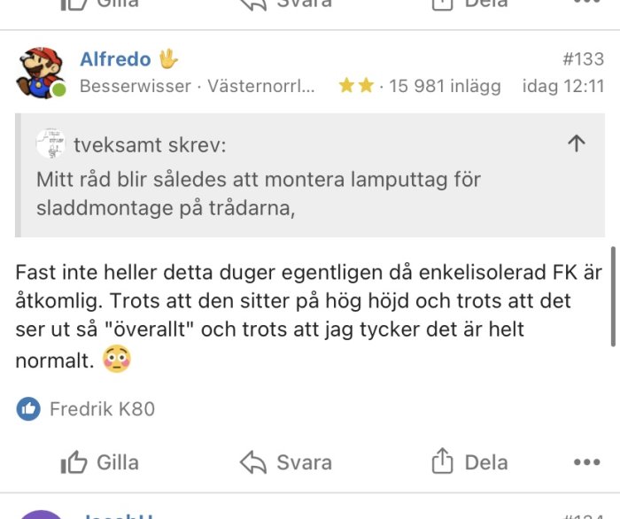 Skärmdump av forumdiskussion, med inlägg från användare om elinstallation, användarprofil med Mario-ikon.