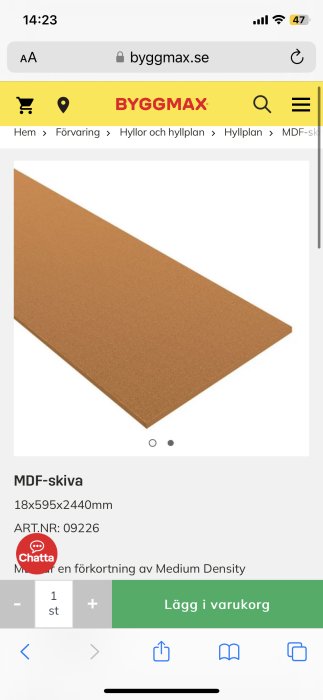 Webbsida som visar en MDF-skiva från BYGGmax med dimensioner och artikelnummer.