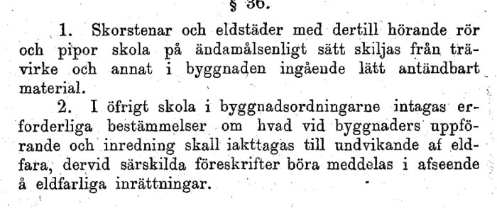 Svensk text om brandsäkerhet, skorstenar, eldstäder och föreskrifter relaterade till byggnader.