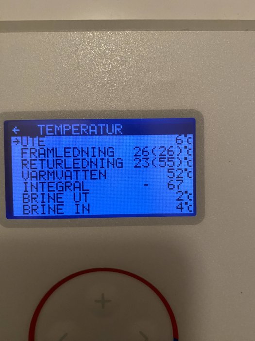 Digital display showing temperature readings in Celsius for various components or functions.