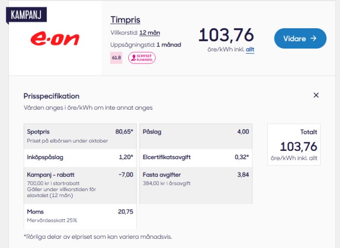 Energileverantörens kampanjprissida med timkostnad och prisspecifikation för el.