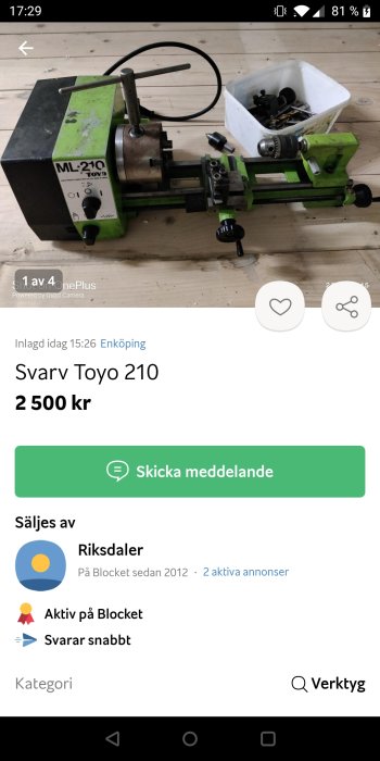 Annonserad begagnad Toyo 210 svarv på försäljningsplattform med tillbehör och priset angivet.