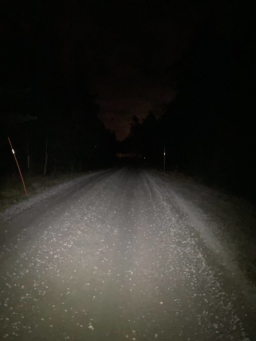 Mörk skogsväg om natten med bilstrålkastare som lyser upp vägen.