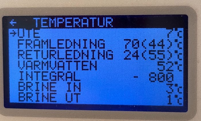 Digital display som visar temperaturinformation på svenska, med blå bakgrund och vita bokstäver.