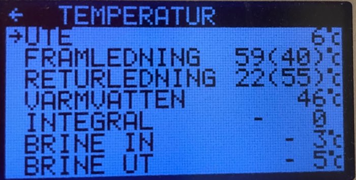 Digital display visar temperaturer för värmesystem med svenskspråkiga etiketter.