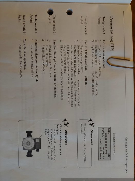 Det är en instruktionsmanual på svenska, troligen för tryckhöjning, med en bild av en cirkulationspump nederst.