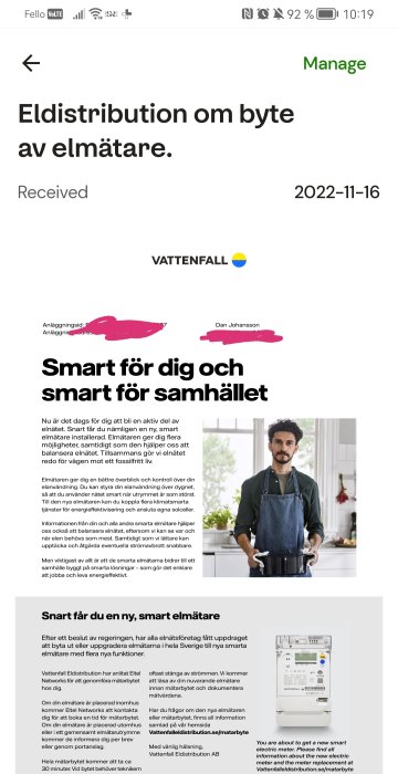 E-postmeddelande om byte till smart elmätare från Vattenfall, svensk text, innehåller bild på man, grafik på elmätare.