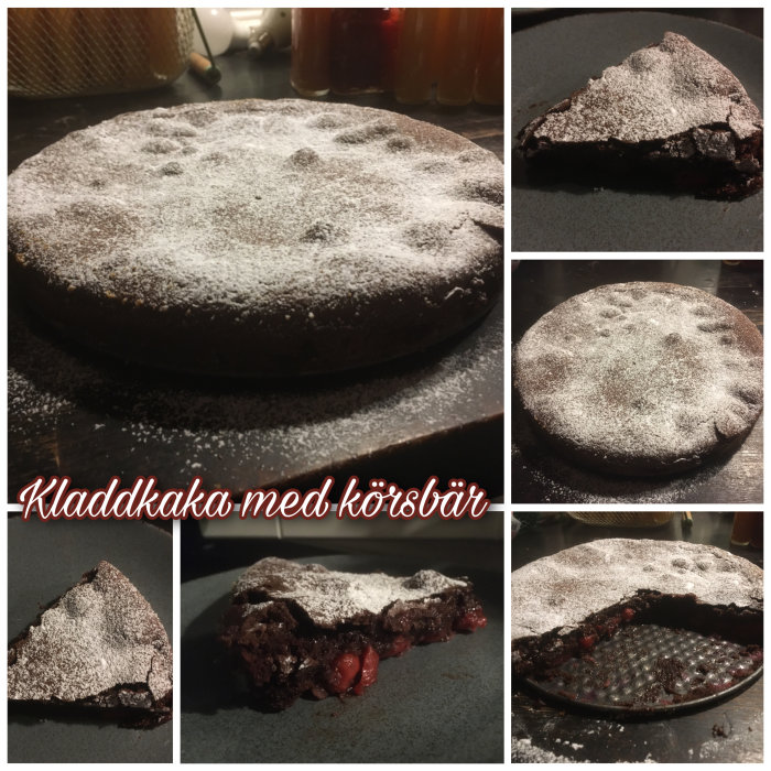 Kladdkaka med körsbär, pudrad med florsocker, olika vinklar, tårtbitar, hel och uppdelad kaka, saftig.