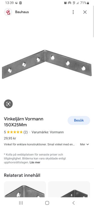 Metallvinkelbeslag, förstärkningshörn, hål för fästning, byggkonstruktion, stabiliserande element, grå, skruvhål.