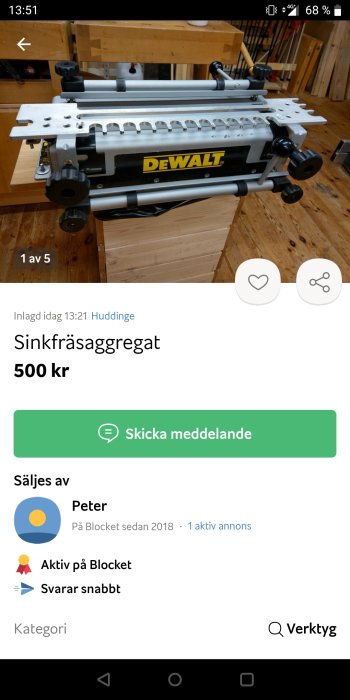 Verktyg annonserat på Blocket, Dewalt sinkfräsaggregat, säljs för 500 kr i Huddinge.