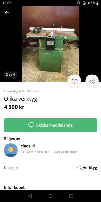 Annonssida visar bild på grönt, använd industriverktyg till salu för 4 500 kr.