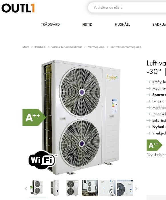 Värmepump för luft/vatten med energiklass A++, WiFi-uppkoppling, marknadsledande japansk kompressor. (Screenshot från webbutik)