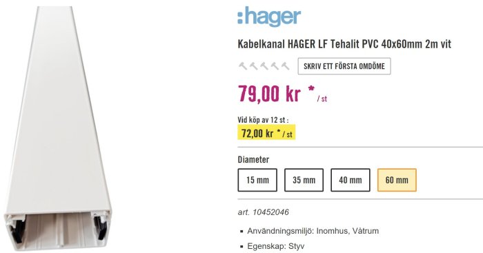 Vit kabelkanal, Hager Tehalit, PVC, 40x60mm, 2 meter, inomhus, för 79,00 kronor per styck.