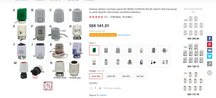Onlinebutikssida som visar olika typer av elektriska termiska ställdon för värmesystem, prissättning och produktalternativ.