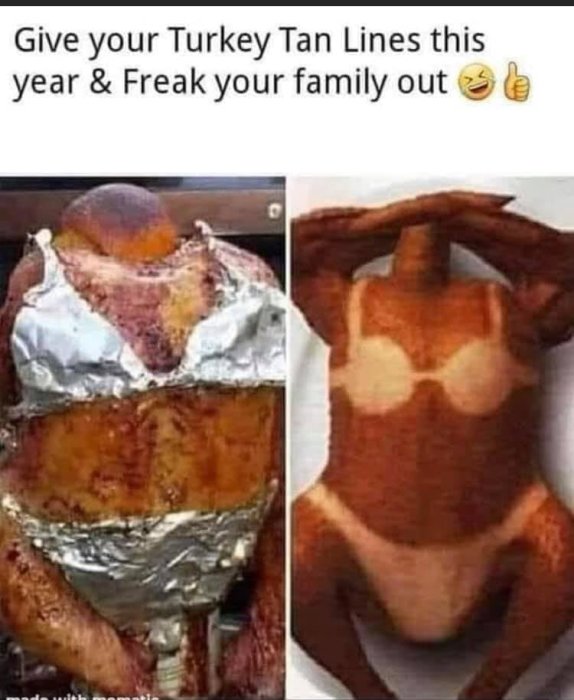 Kalkon med badklädseltanlinjer, skämtsam idé för att förvåna familjen.