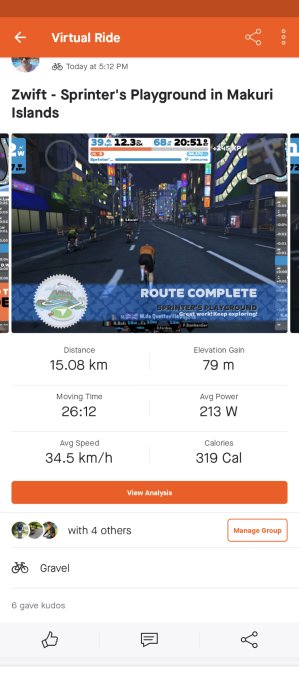 Skärmavbild av virtuell cykeltur på Zwift, fullbordad bana, statistik för distans, tid och kaloriförbrukning visas.