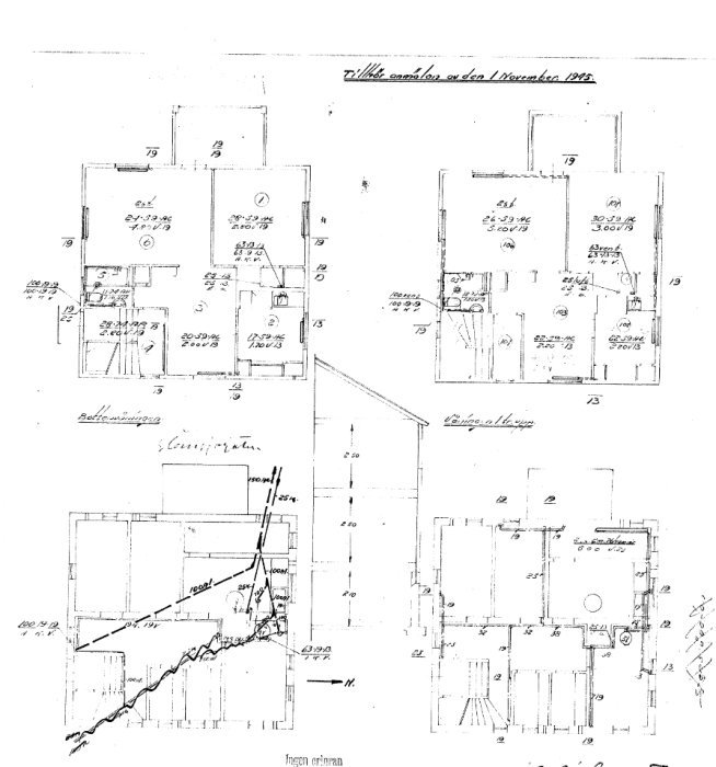 Gamla arkitektritningar av byggnadsplaner, handskrivna anteckningar, datum 1 november 1925.