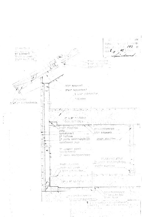 Lågkvalitativ, svårtolkad arkitektonisk ritning eller konstruktionsdokument. Datum och signatur syns i övre högra hörnet.