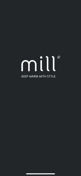 Svart bakgrund, vit text "mill", slogan under, minimalistisk design, varumärkesidentitet, ingen bild eller person.
