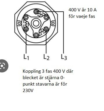 Elektriskt kopplingsschema, trefas, 400V, stjärnkoppling, säkringar om 10A per fas, märkningar L1, L2, L3, 230V nollpunkt.