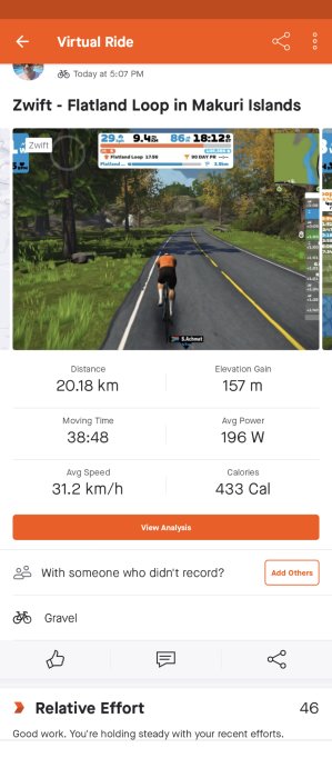 Skärmdump av en virtuell cykeltur på Zwift, visar sträcka, tid, hastighet och kaloriförbrukning.