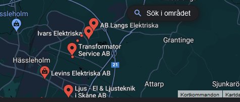Karta över Hässleholm, visar placeringar för elektriska tjänsteföretag, sökfält, vägar och naturområden.