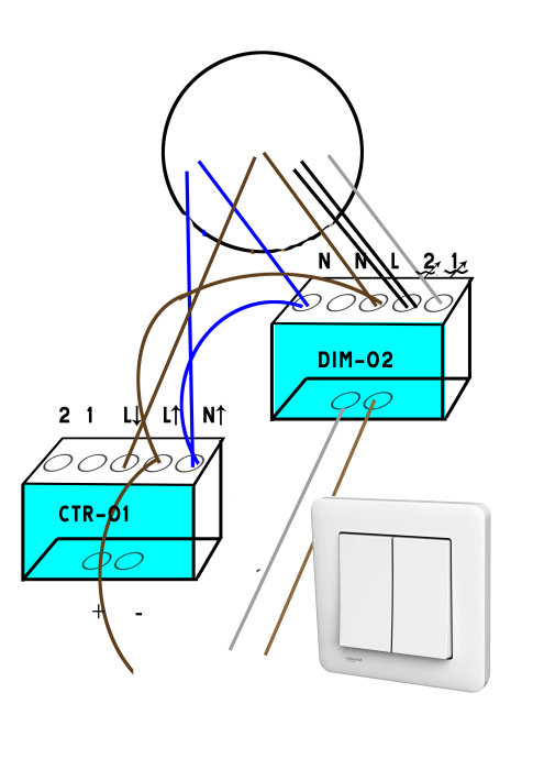 Elektrisk kopplingsschema med två enheter och en väggströmbrytare, inkluderar ledningar och anslutningar.