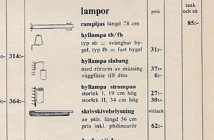 Utdrag ur katalog med bilder och priser på olika typer av lampor, text på svenska.