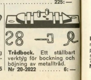 Svartvit illustration av trådbockningsverktyg med exempel på böjd metalltråd och textbeskrivning på svenska.