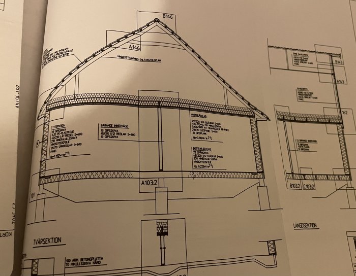 Arkitektonisk sektionsteckning, byggnadskonstruktion, detaljer, mått, byggmaterial, svenska noteringar, tvärsnitt, längdsnitt.