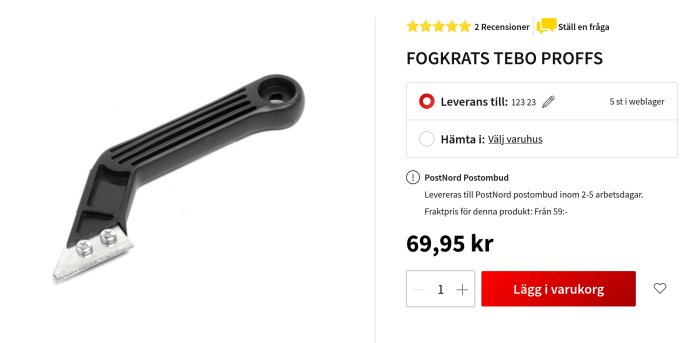 Svart skrapa för borttagning av is från bilfönster, med onlineköpalternativ och prisinformation.