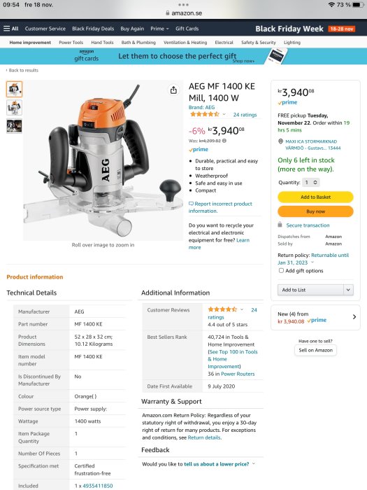 Skärmavbild av AEG fräs på Amazon.se. Produktdetaljer, recensioner, pris, Black Friday annonsering syns.