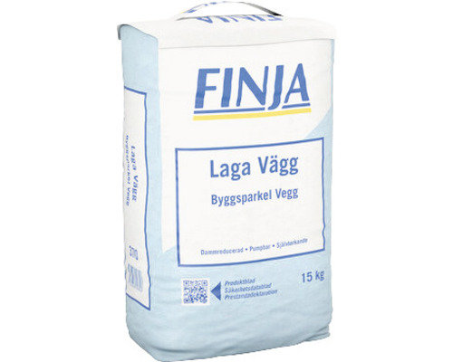 En säck med Finja Laga Vägg Byggspackel, 15 kg, för reparationsarbete av väggar. Blå och vit förpackning.