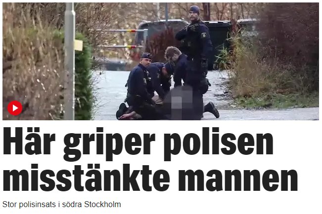 Poliser griper en person utomhus; text rapporterar polisinsatsen i södra Stockholm.