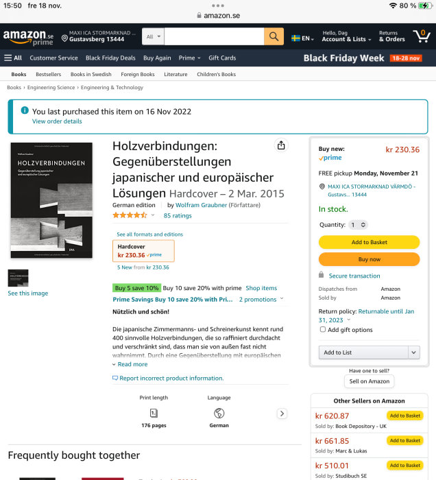 Skärmdump från Amazon, bok om träförbindelser, japanska och europeiska lösningar, Prime-erbjudande, svart fredagslängd.