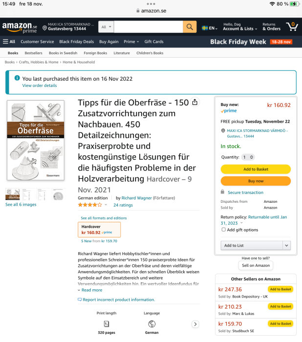 Skärmdump av Amazon.se produktssida för en bok om träbearbetning, visar pris, betygsättning och köpalternativ.