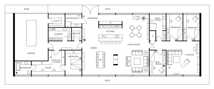 Arkitektonisk ritning av hus, visar planlösning med flera sovrum, vardagsrum, kök och garage.