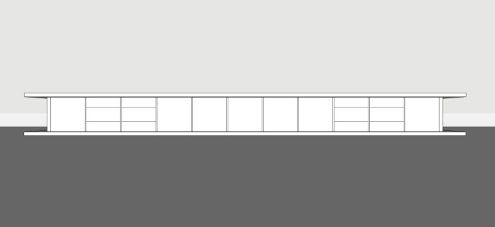 Svartvit illustration av modernistisk byggnad, platt tak, långsträckt, minimalistisk design, inga personer synliga.